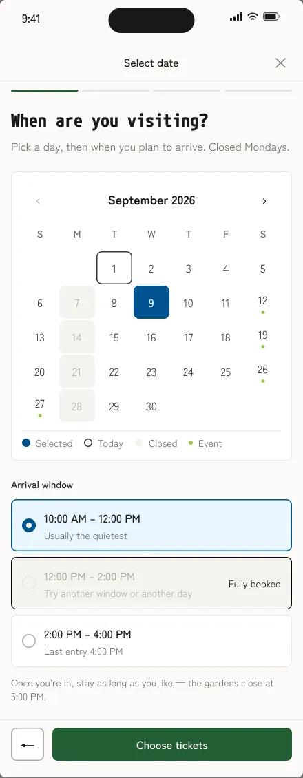 The same screen with the 12 to 2 window greyed out: Fully booked, try another window or another day.