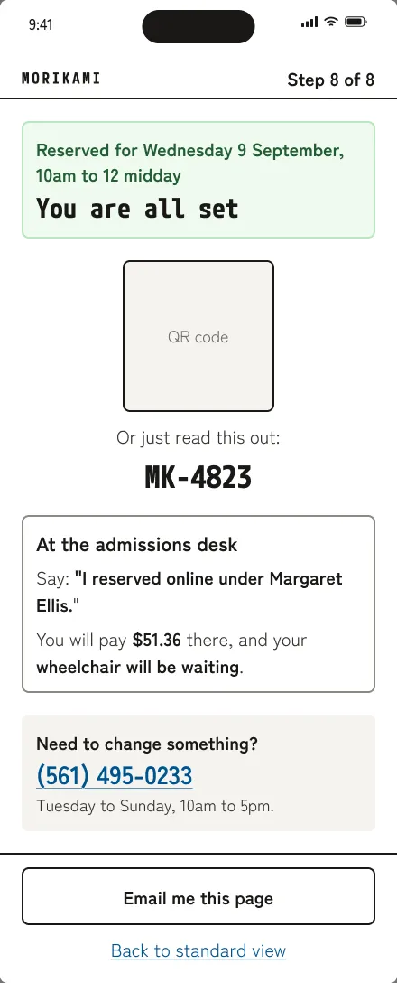 Accessible confirmation: Reserved for Wednesday 9 September, a QR code, Or just read this out: MK-4823, what to say at the admissions desk, and a phone number.