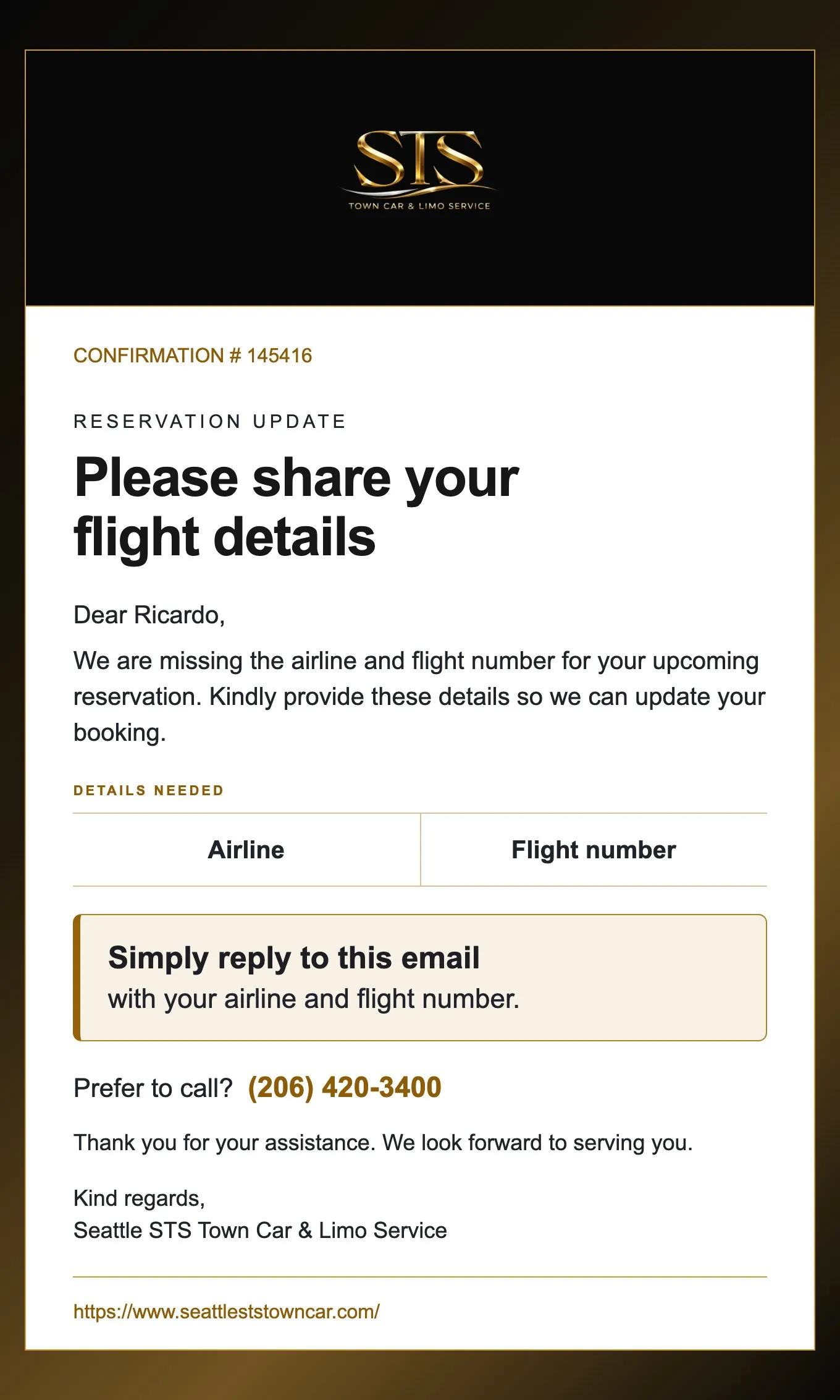 The flight details email: the STS logo on black, then “Please share your flight details”, the two things it needs, airline and flight number, and a note to simply reply with them. Open full size.