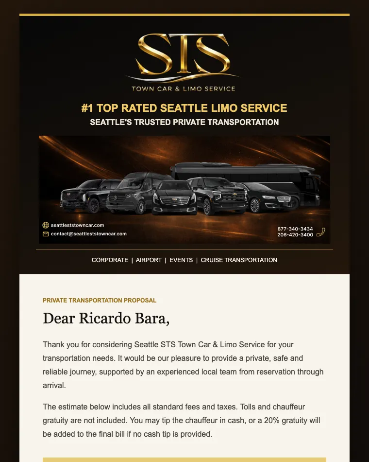 The redesigned quote email: a black and gold STS header over a cream proposal.
