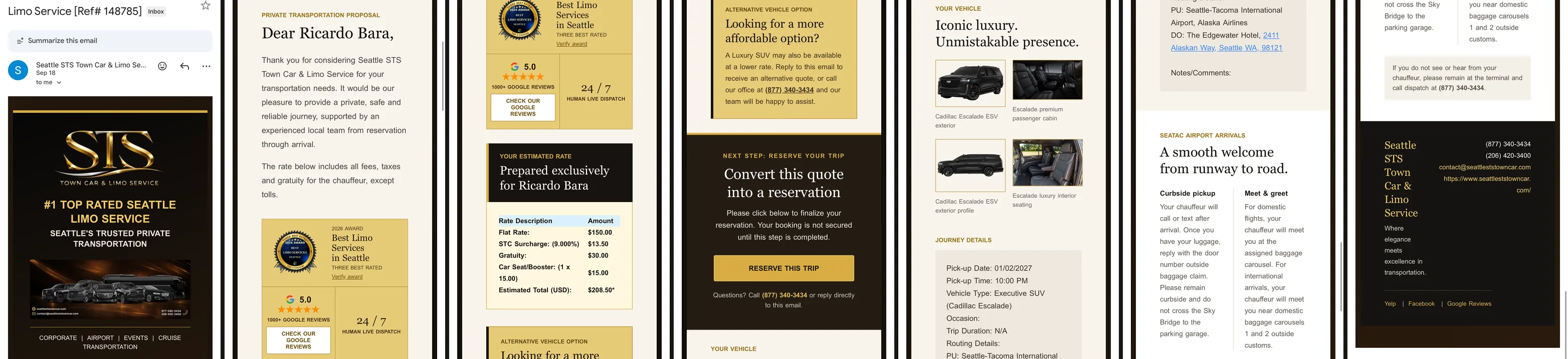 The live email in the Gmail app on an iPhone, as a row of screens from the header down to the footer.