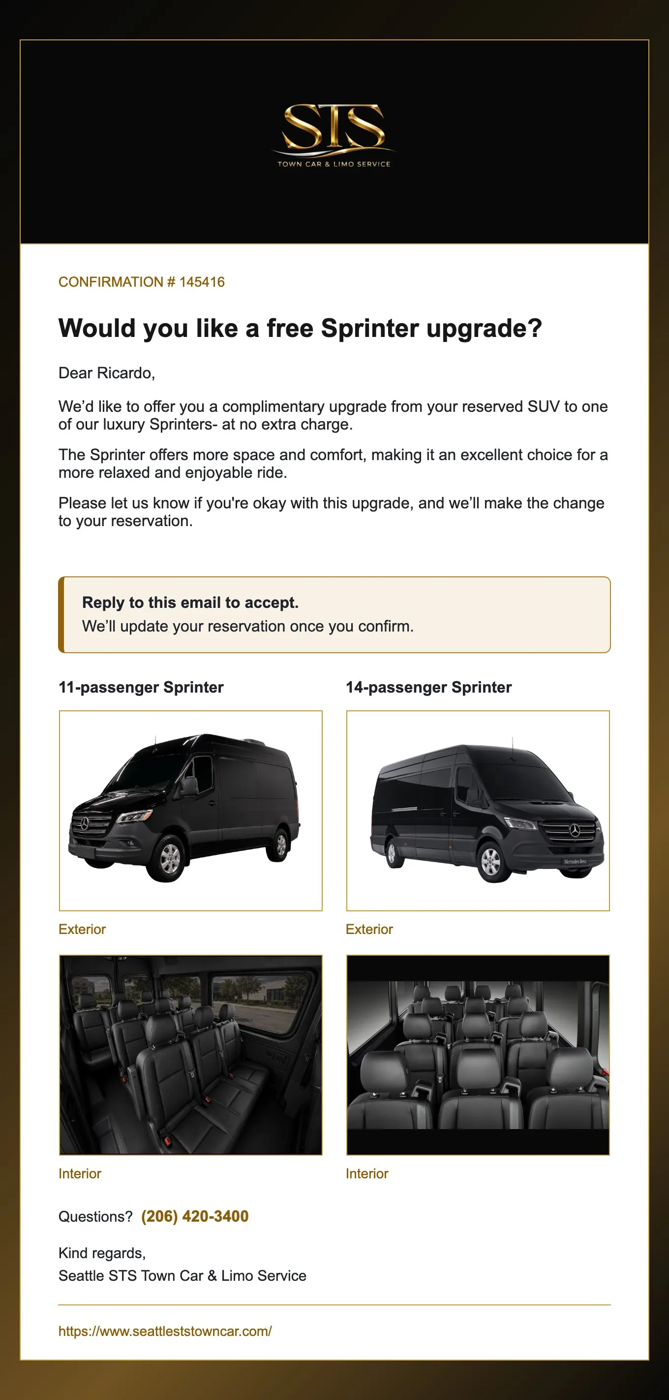 The Sprinter upgrade email: “Would you like a free Sprinter upgrade?”, three short paragraphs, a note to reply to accept, and outside and inside photos of the 11- and 14-passenger Sprinters. Open full size.