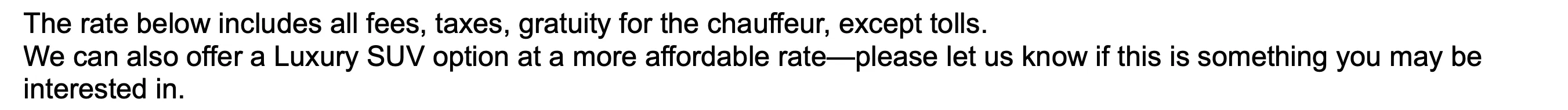Body copy reading “We can also offer a Luxury SUV option at a more affordable rate — please let us know if this is something you may be interested in.”