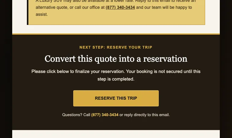A full-width dark band: “Next step: reserve your trip”, the heading “Convert this quote into a reservation”, a line of explanation and a gold “Reserve this trip” button.