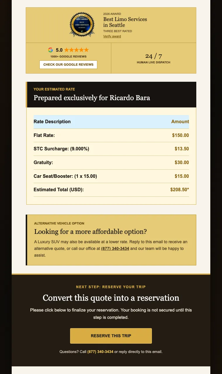 v10: the rate card with its total, then the gold “Looking for a more affordable option?” panel, then the dark reserve band, in that order.