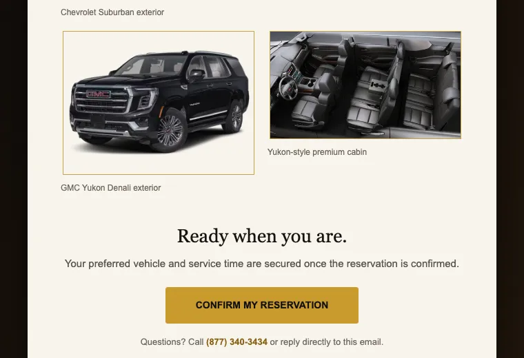 v3: two vehicle photos, then “Ready when you are.” and a gold “Confirm my reservation” button underneath them.