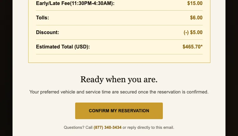 v7: the bottom of the rate table, then the same gold button on the cream page, directly under the total.
