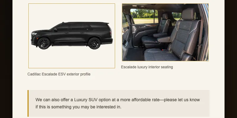 v9: the Luxury SUV offer as a panel sitting under the vehicle photos, far below the price.
